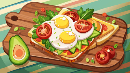 Avocado and Bacon Toast on a Wooden Cutting Board. AI generated. Vector iconのイラスト素材