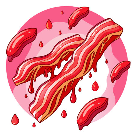 Bacon pieces with red droplets on pink background. AI generated. Vector iconのイラスト素材