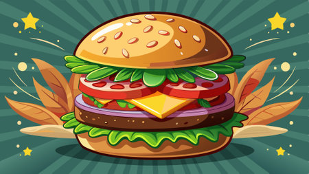 Delicious hamburger with cucumber, meat and cheese. AI generated. Vector iconのイラスト素材
