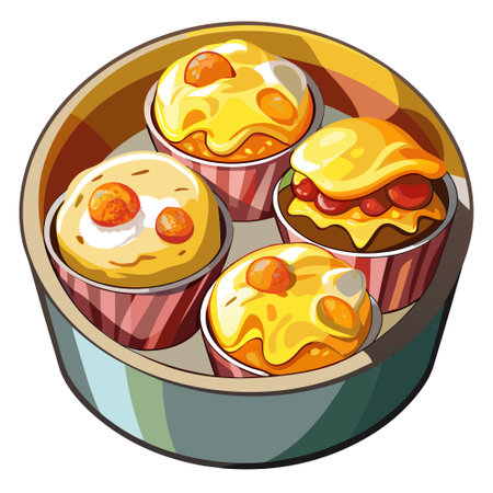 Egg muffins with potato bacon and cheddar in a tin. AI generated. Vector iconのイラスト素材