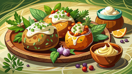 Jacket potatoes with herb quark, food photography, . AI generated. Vector iconのイラスト素材