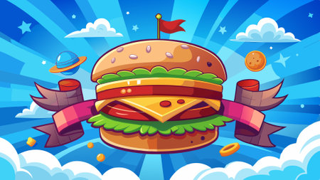 A burger floating in the air. An advertising banner.. AI generated. Vector iconのイラスト素材