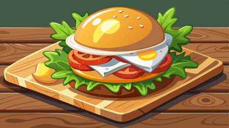 A burger with a fried egg and greens on a wooden board. AI generated. Vector iconのイラスト素材