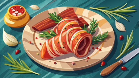 Bacon wrapped in bacon with rosemary and spices on plate. AI generated. Vector iconのイラスト素材