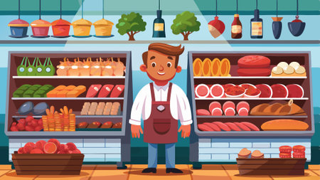 A man stands next to a showcase full of various meats. AI generated. Vector iconのイラスト素材