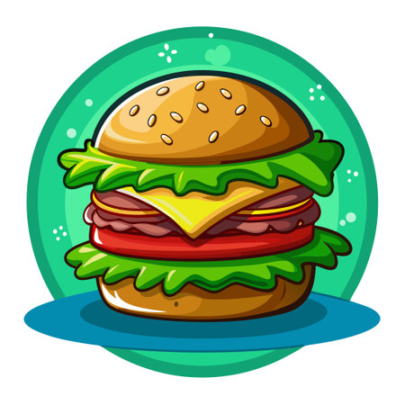 A hamburger with lettuce and pickles on a green surface. AI generated. Vector iconのイラスト素材