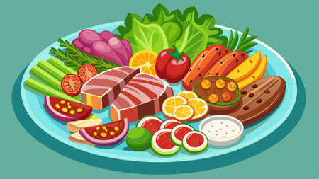 A plate of food with a variety of meats and vegetables. AI generated. Vector iconのイラスト素材