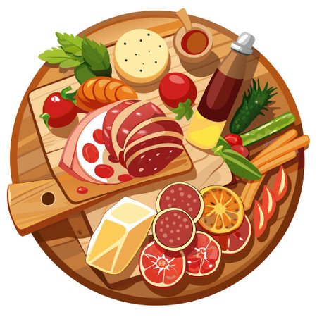 A wooden board with a variety of meats and cheeses on it. AI generated. Vector iconのイラスト素材