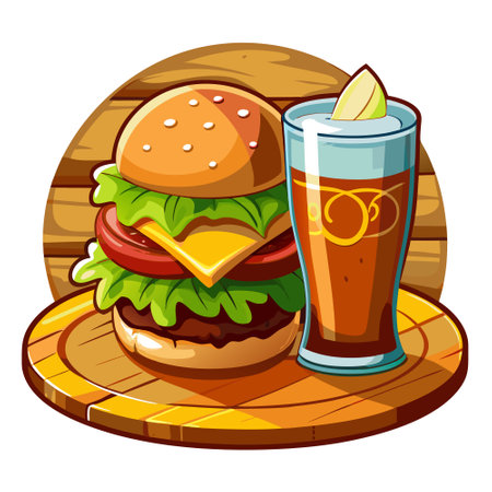 Glass of fresh beer with beef burger on the wooden table. AI generated. Vector iconのイラスト素材