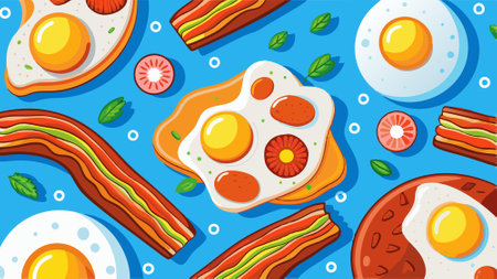 Bacon and eggs pattern, top view, bright blue background. AI generated. Vector iconのイラスト素材