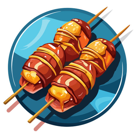 Bacon wrapped teriyaki chicken skewers, a fusion delight. AI generated. Vector iconのイラスト素材