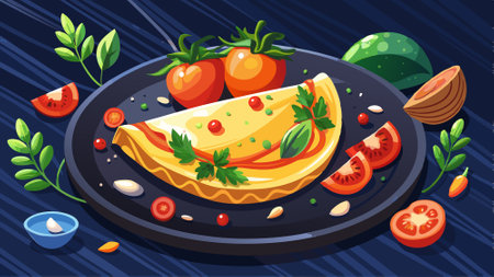 Delicious omelet with tomatoes and herbs on a dark plate.. AI generated. Vector iconのイラスト素材