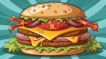 A hamburger with tomatoes, cheese and bacon coming out... AI generated. Vector iconのイラスト素材