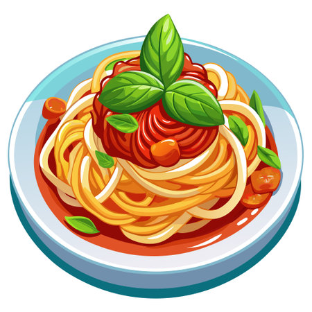 Cooking spaghetti noodles pasta food serving tomato sauce. AI generated. Vector iconのイラスト素材