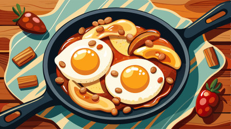 Fried Eggs with Bacon and Peanuts in a Cast Iron Skillet. AI generated. Vector iconのイラスト素材
