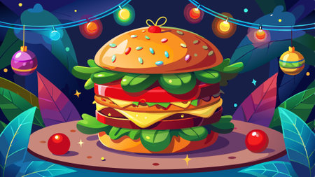 Festive Gourmet Burger with Holiday Decorations and Lights. AI generated. Vector iconのイラスト素材