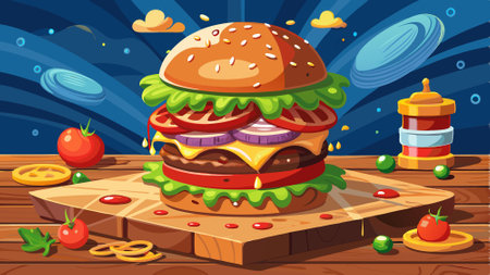 Gourmet burger overflowing with toppings on cutting board. AI generated. Vector iconのイラスト素材