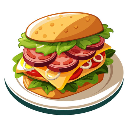 A sandwich with meat, cheese, and vegetables on a white plate. AI generated. Vector iconのイラスト素材