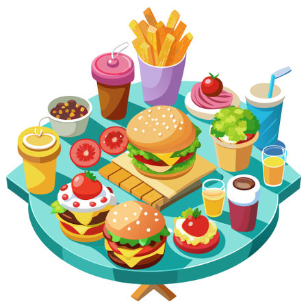 A table full of food including hamburgers, fries, and pizza. AI generated. Vector iconのイラスト素材