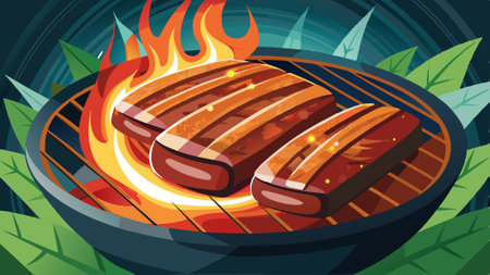 Grilled Pork belly on barbecue grill with smoke, close-up. AI generated. Vector iconのイラスト素材