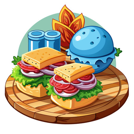 Bleu cheese and bacon on wooden table with gourmet burgers.. AI generated. Vector iconのイラスト素材