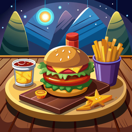 Cheeseburger and Fries on Wooden Table in Dimly Lit Restaurant. AI generated. Vector iconのイラスト素材