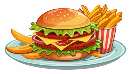 Delicious Cheeseburger With Bacon and Fries on a White Plate. AI generated. Vector iconのイラスト素材