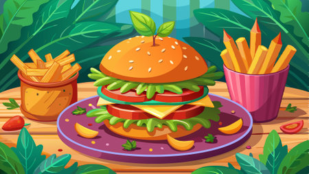 A delicious vegan burger with a side of sweet potato fries, . AI generated. Vector iconのイラスト素材