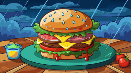 A burger with cheese and tomatoes sits on a table in the rain. AI generated. Vector iconのイラスト素材