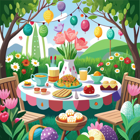 Festive Easter Brunch for Family: Outdoor Garden Table Setting. AI generated. Vector iconのイラスト素材