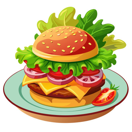 Juicy Cheeseburger With Bacon and Fresh Vegetables on a Plate. AI generated. Vector iconのイラスト素材