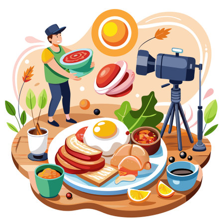 Breakfast with eggs and bacon in a commercial photoshoot style. AI generated. Vector iconのイラスト素材