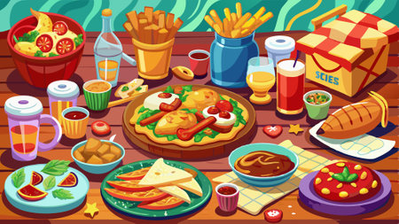 A table full of food including pizza, fries, and chicken wings. AI generated. Vector iconのイラスト素材