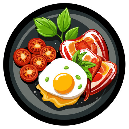 Fried eggs with bacon and tomato sauce on a black background.. AI generated. Vector iconのイラスト素材