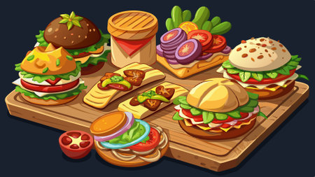 Assorted Tortas with Various Meats and Toppings on Wooden Board. AI generated. Vector iconのイラスト素材
