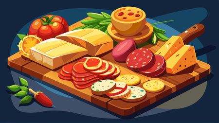 Board with sliced sausage and gourmet cheeses. selective focus. ,. AI generated. Vector iconのイラスト素材