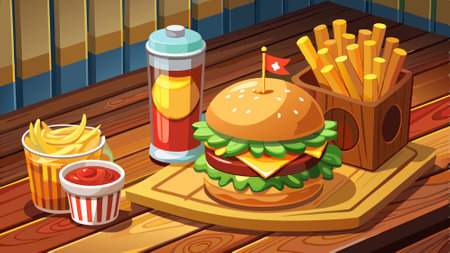 A burger and fries are on a wooden table next to a glass of beer. AI generated. Vector iconのイラスト素材