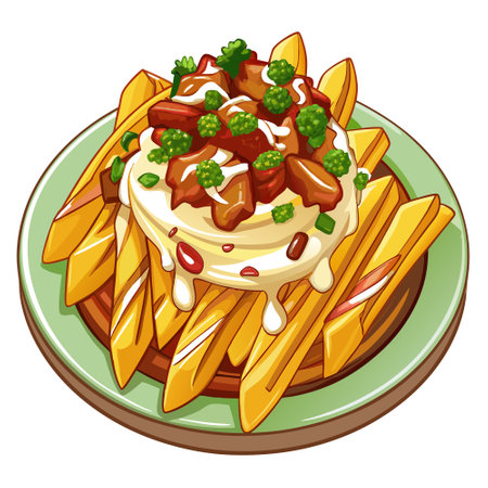 Loaded French fries with bacon, cheese sauce, and spring onion.. AI generated. Vector iconのイラスト素材
