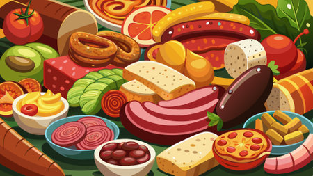 Assorted meat snacks, sausages and pickles, close-up, horizontal. AI generated. Vector iconのイラスト素材