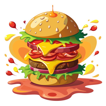 A lavishly topped, dripping juicy burger with cheese flowing down. AI generated. Vector iconのイラスト素材