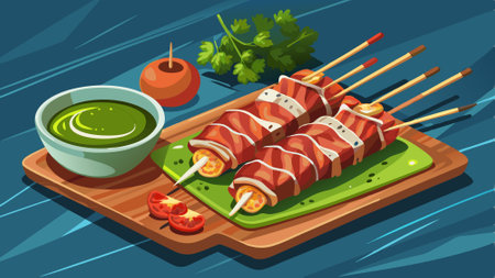Bacon wrapped beef skewers served with a spicy chimichurri sauce. AI generated. Vector iconのイラスト素材
