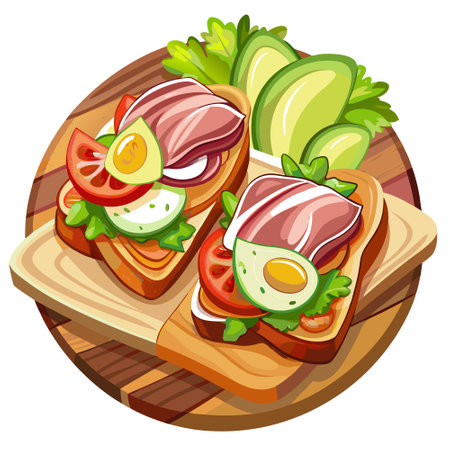 A plate of bacon and avocado sandwiches on a wooden cutting board. AI generated. Vector iconのイラスト素材