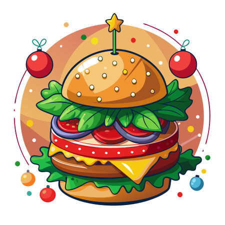 Festive Christmas Burger with Holiday Decoration and Bokeh Lights. AI generated. Vector iconのイラスト素材