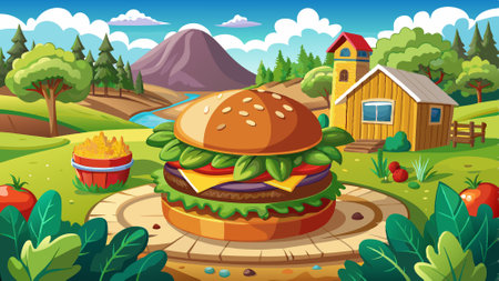 Fresh veggies and cheese on a gourmet burger on a rural backdrop. AI generated. Vector iconのイラスト素材