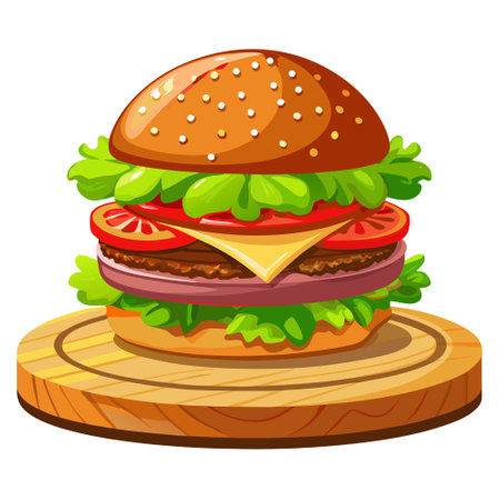A large hamburger with lettuce and tomatoes on top of a wooden board. AI generated. Vector iconのイラスト素材