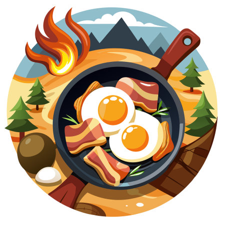 Cast Iron Pan With Sunny Side Up Eggs and Bacon on Campfire Coals. AI generated. Vector iconのイラスト素材