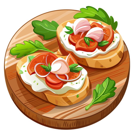 Bruschetta with prosciutto and cream cheese on wooden table.Macro.. AI generated. Vector iconのイラスト素材