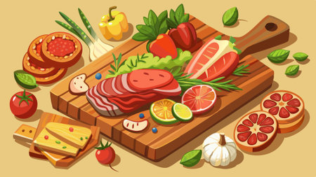 A wooden cutting board with a variety of meats and vegetables on it. AI generated. Vector iconのイラスト素材