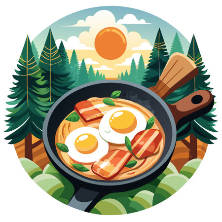 Cast Iron Pan With Sunny Side Up Eggs and Bacon in a Forest Clearing. AI generated. Vector iconのイラスト素材