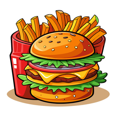 Close up view of delicious hamburger with chips. Fast food concept.. AI generated. Vector iconのイラスト素材